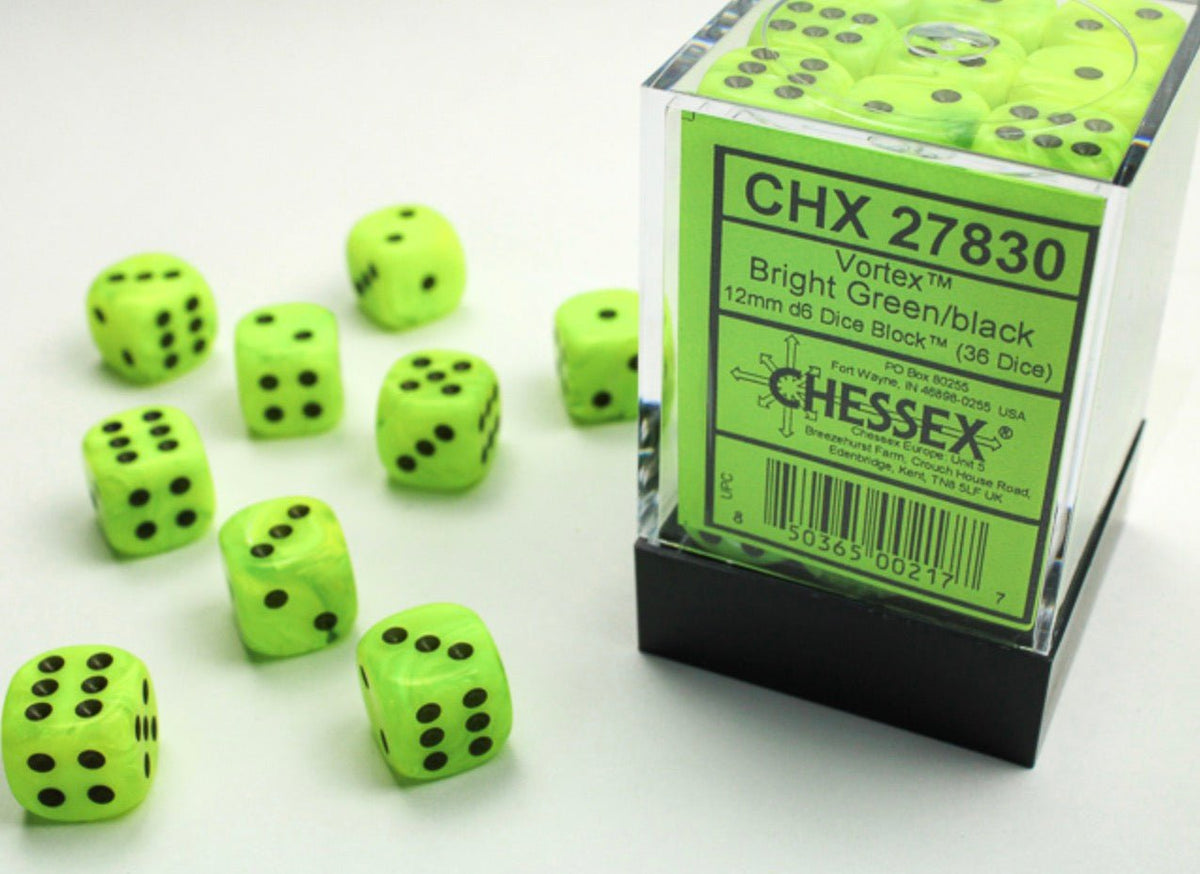 Vortex Bright Green/black 12mm d6 Dice Block (36 dice) - Chessex