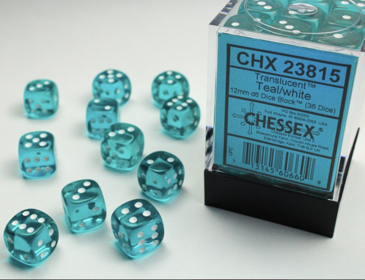Translucent Teal/white 12mm d6 Dice Block (36 dice) - Chessex