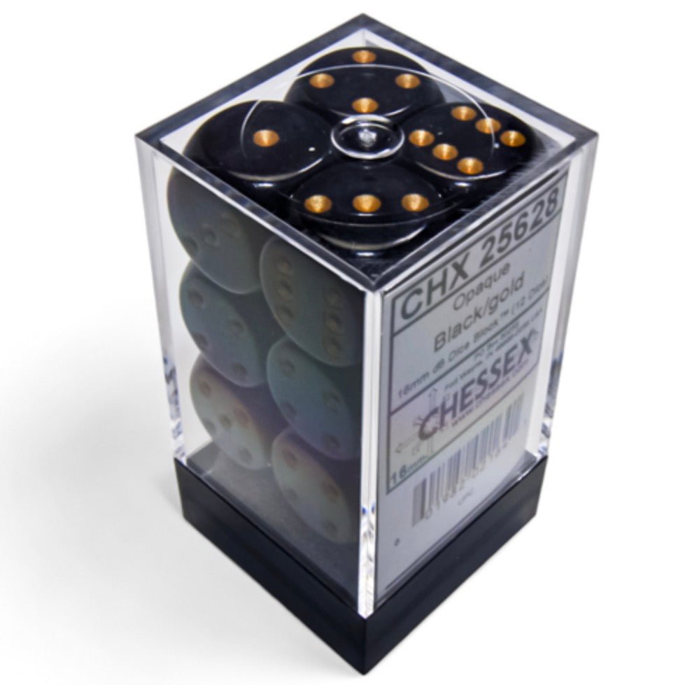 Opaque Black/gold 16mm Single d6 dice w/pips (1 piece) - Chessex