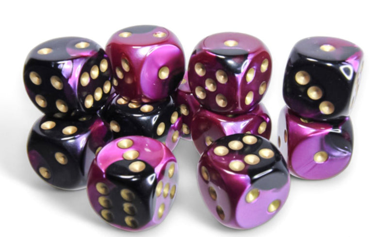 Gemini Black-Purple/gold 16mm d6 Dice Block (12 dice) - Chessex